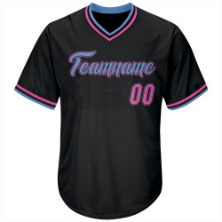 Custom Black Pink-Light Blue Authentic Throwback Rib-Knit Baseball Jersey Shirt Custom Black Pink-Light Blue Authentic Throwback Rib-Knit Baseball Jersey Shirt